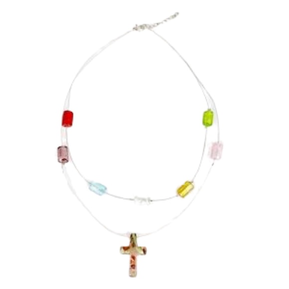 VIRTUES Handcrafted Necklace European Art Glass Faith Cross Wire - Picture 3 of 7